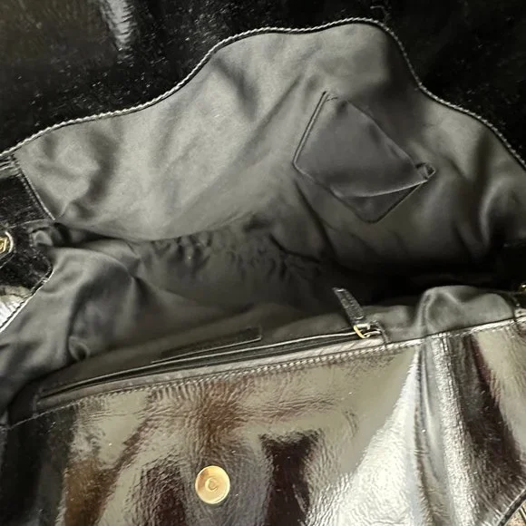Vintage YSL Saint Laurent Black Patent Leather Croc Stitched Tribute Flat Tote